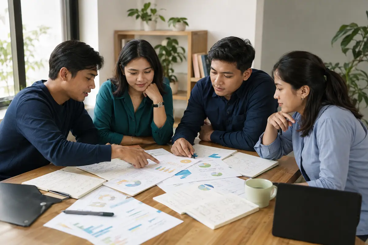 Postgraduate researchers collaborating around research charts and notes