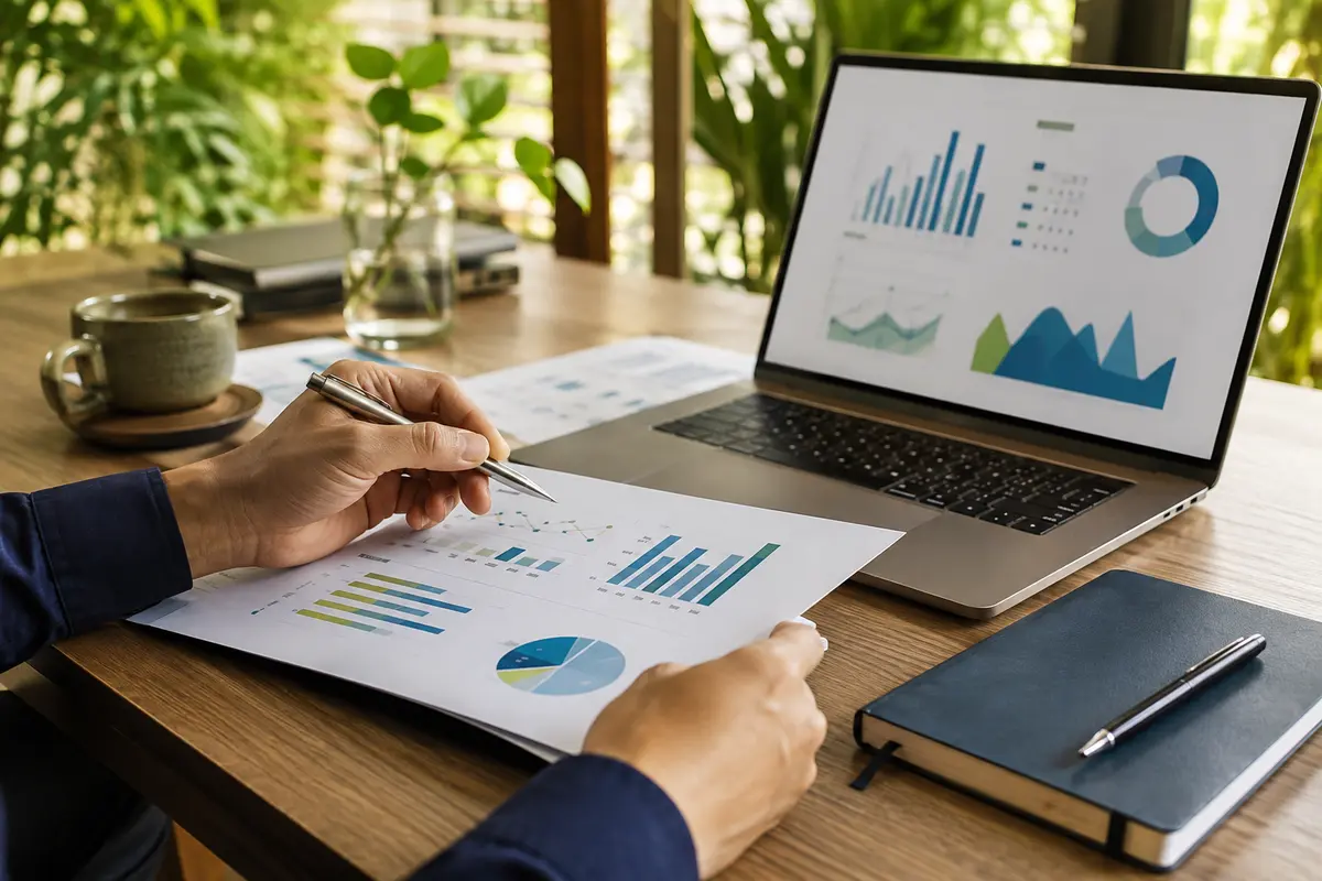 Researcher reviewing statistical charts and data in a modern workspace